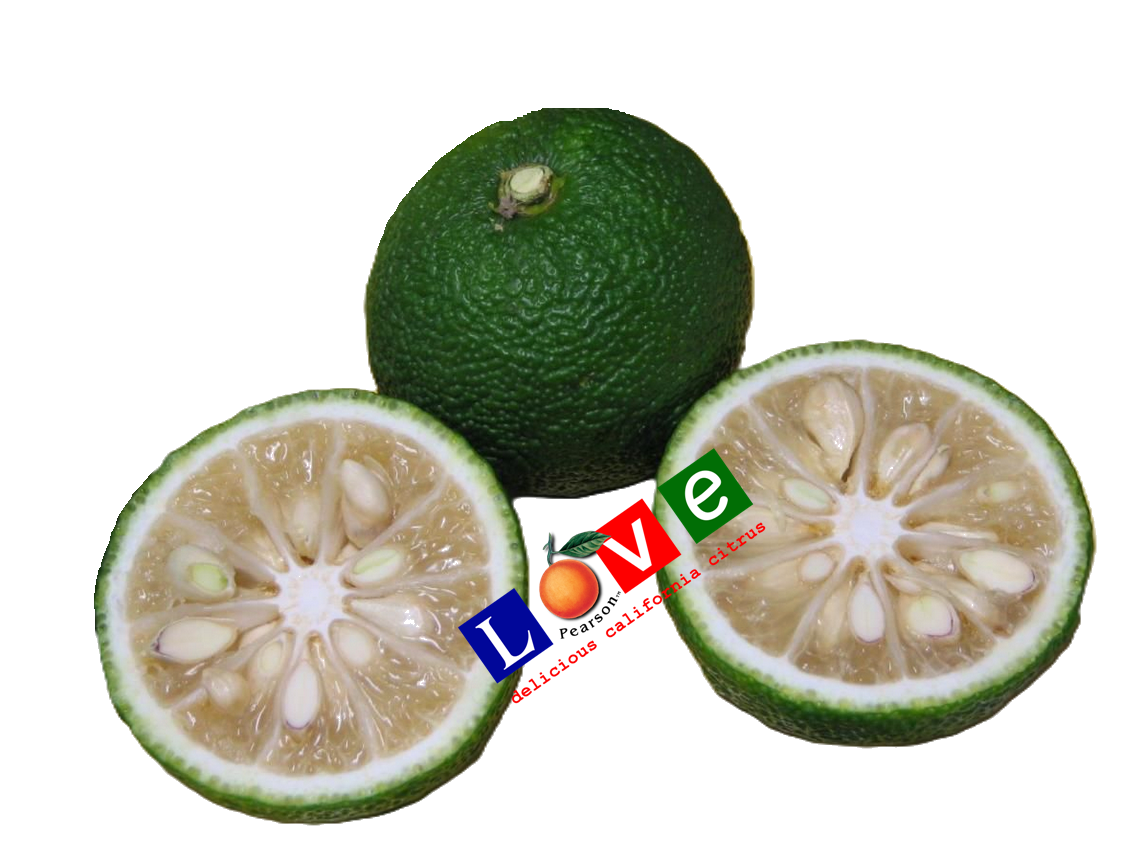 Green Yuzu fruit. One cut in half to see the inside fruit, with the LOVE logo in front