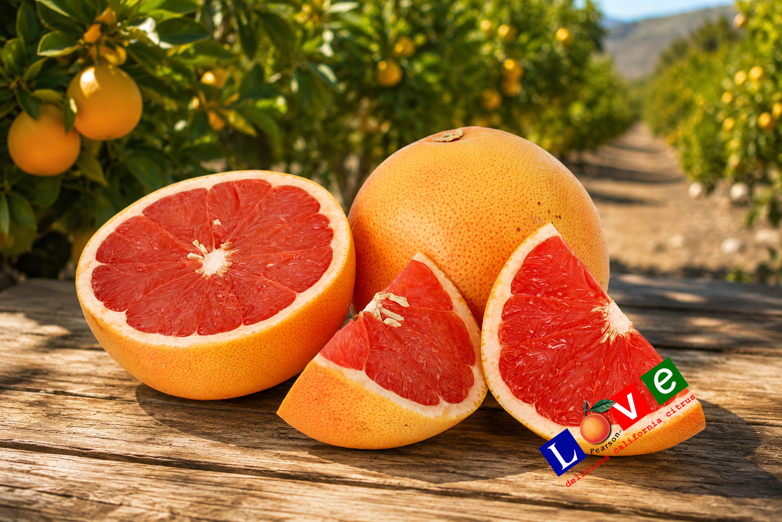 Star Ruby Grapefruit on a wood table in a citrus grove